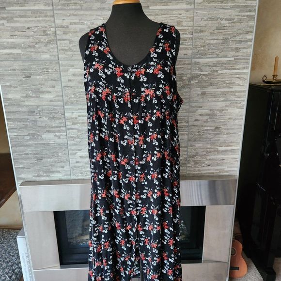 Vintage black floral print rayon dress / button front - Picture 7 of 9